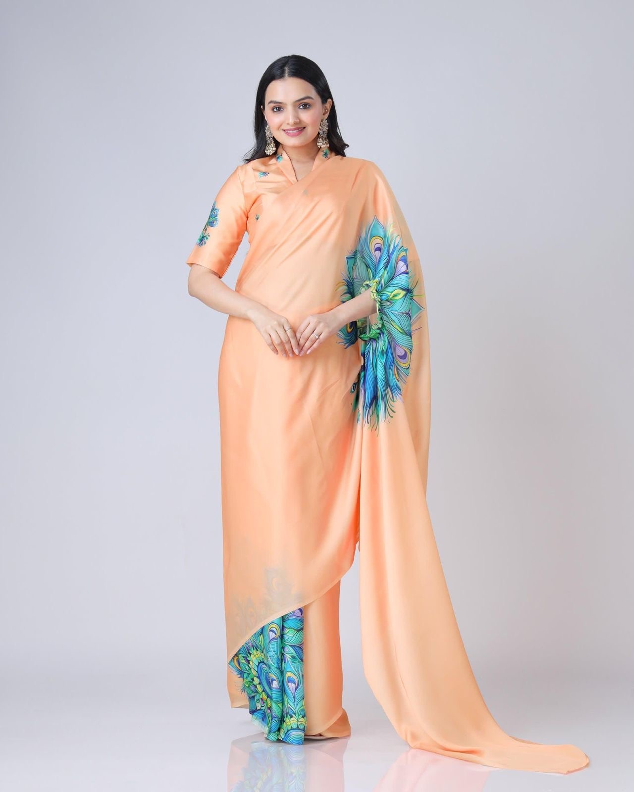 Peach Digital Print Ready-to-Wear Saree in Japan Satin 