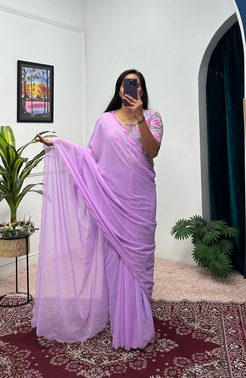 Lavender Glow Ready-to-Wear Saree-Gown in Faux Georgette with Embroidery Work