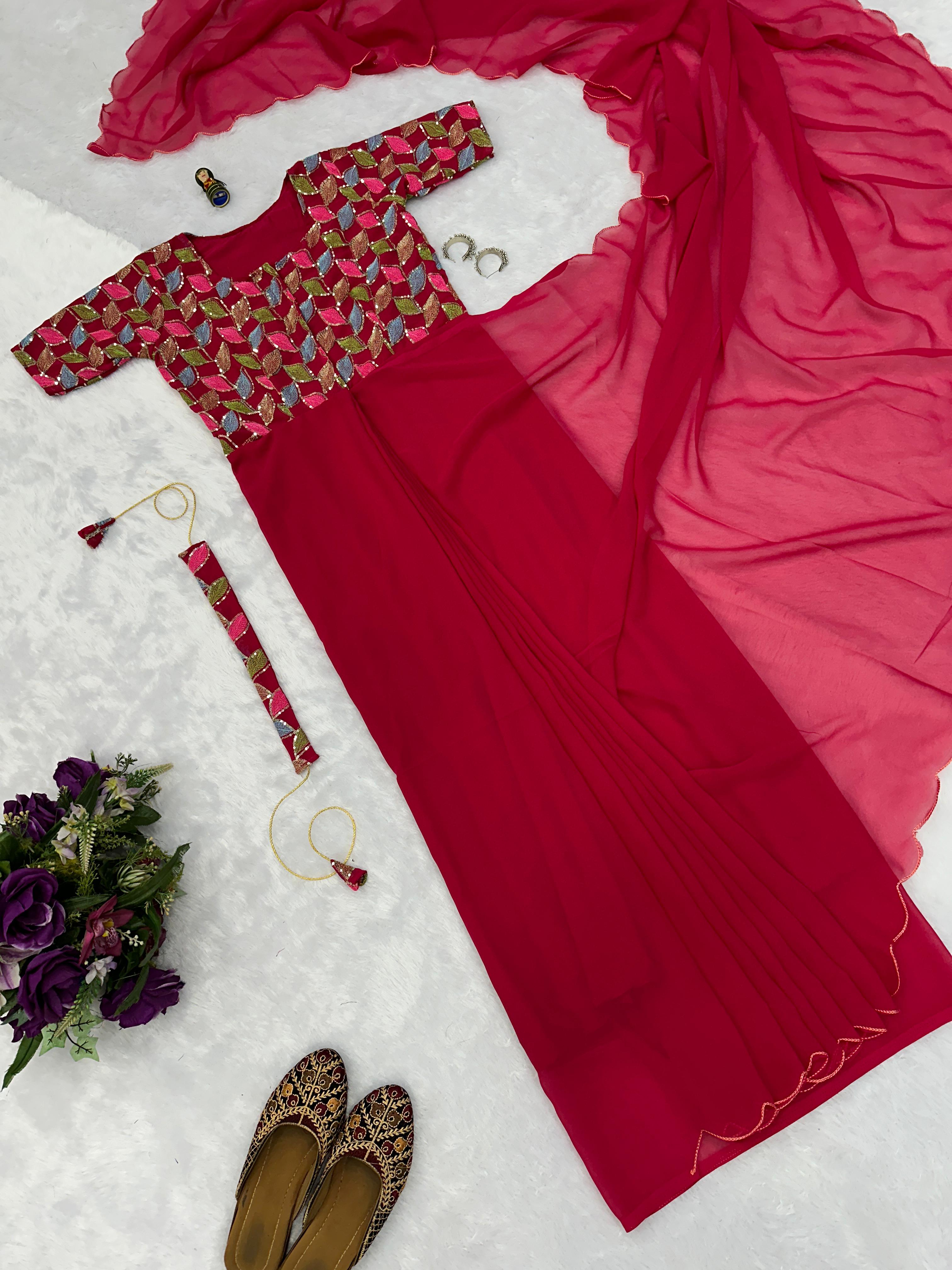 Radiant Red Ready-to-Wear Saree-Gown in Faux Georgette with Embroidery Work