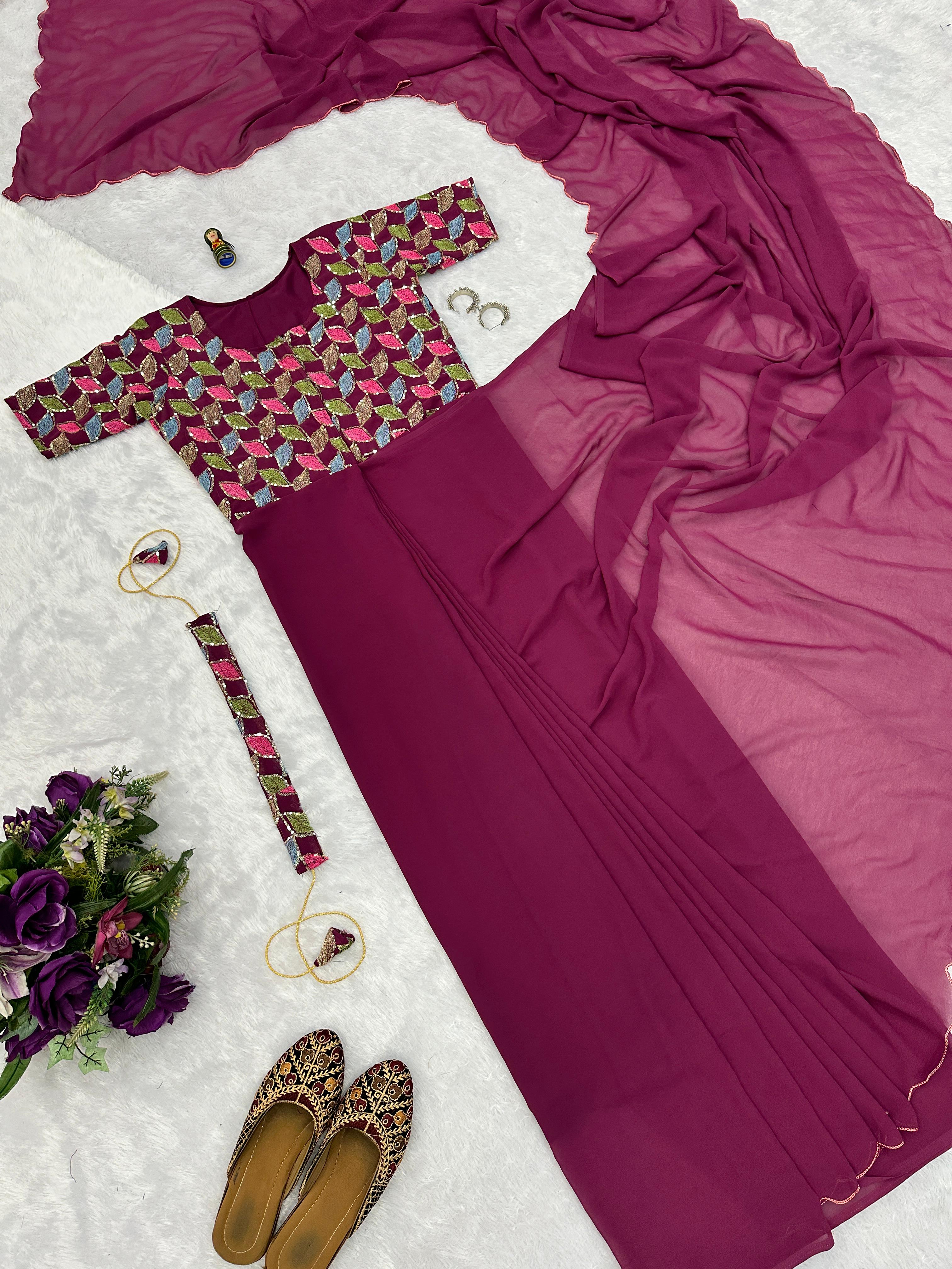 Royal Wine Embroidered Ready-to-Wear Saree-Gown in Faux Georgette