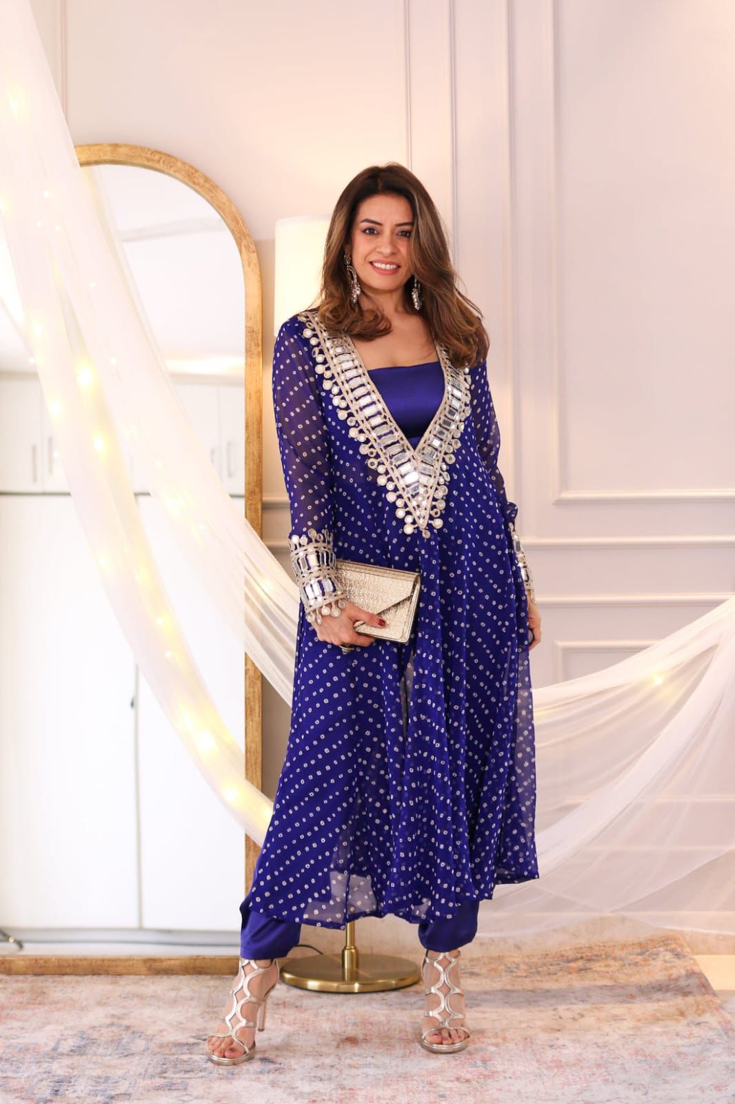 Royal Blue Indo-Western 3-Piece Set with Mirror Work Kurti, Chinon Blouse & Pants