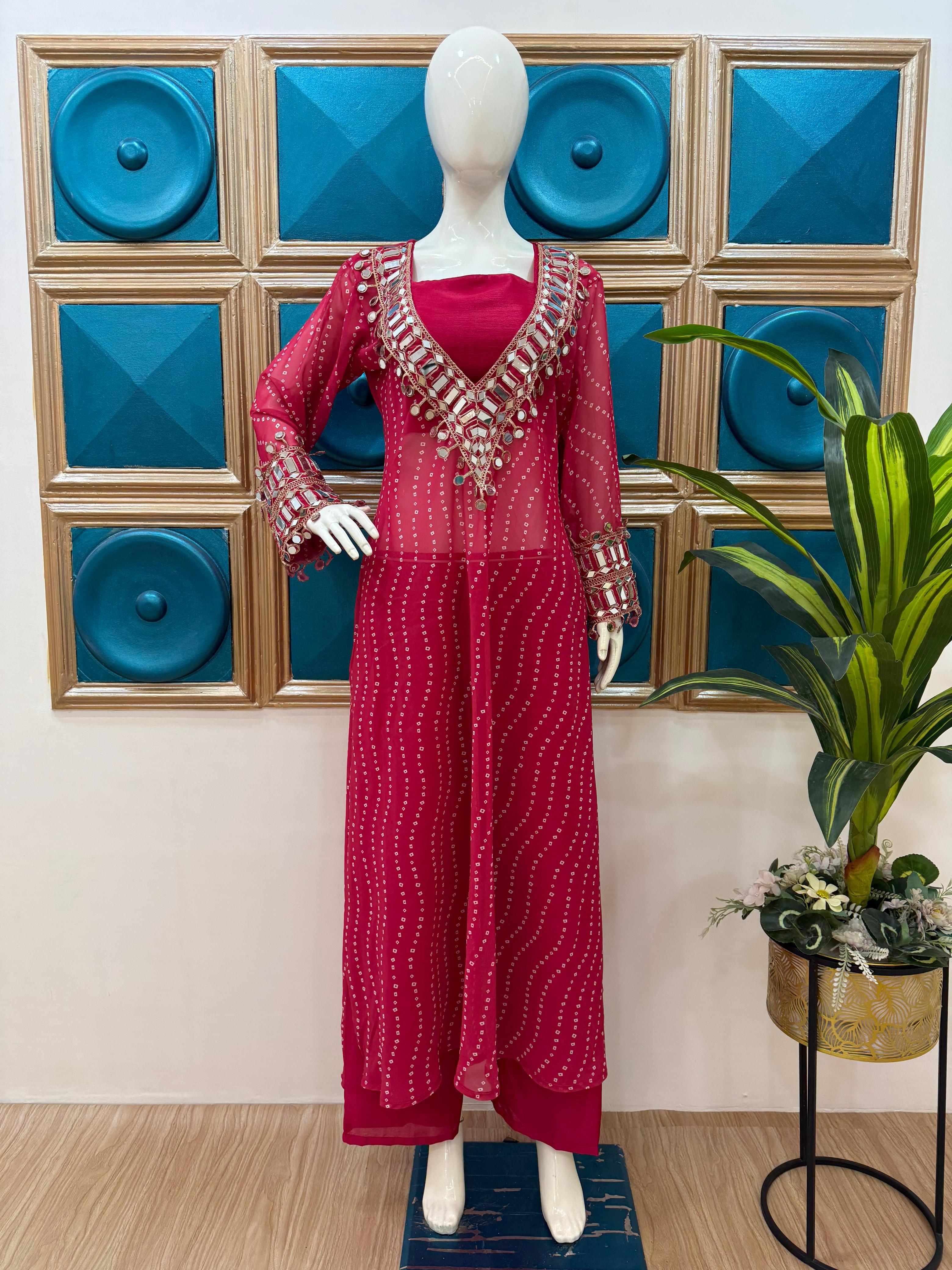 Red Indo-Western 3-Piece Set with Mirror Work Georgette Kurti & Chinon Bottoms