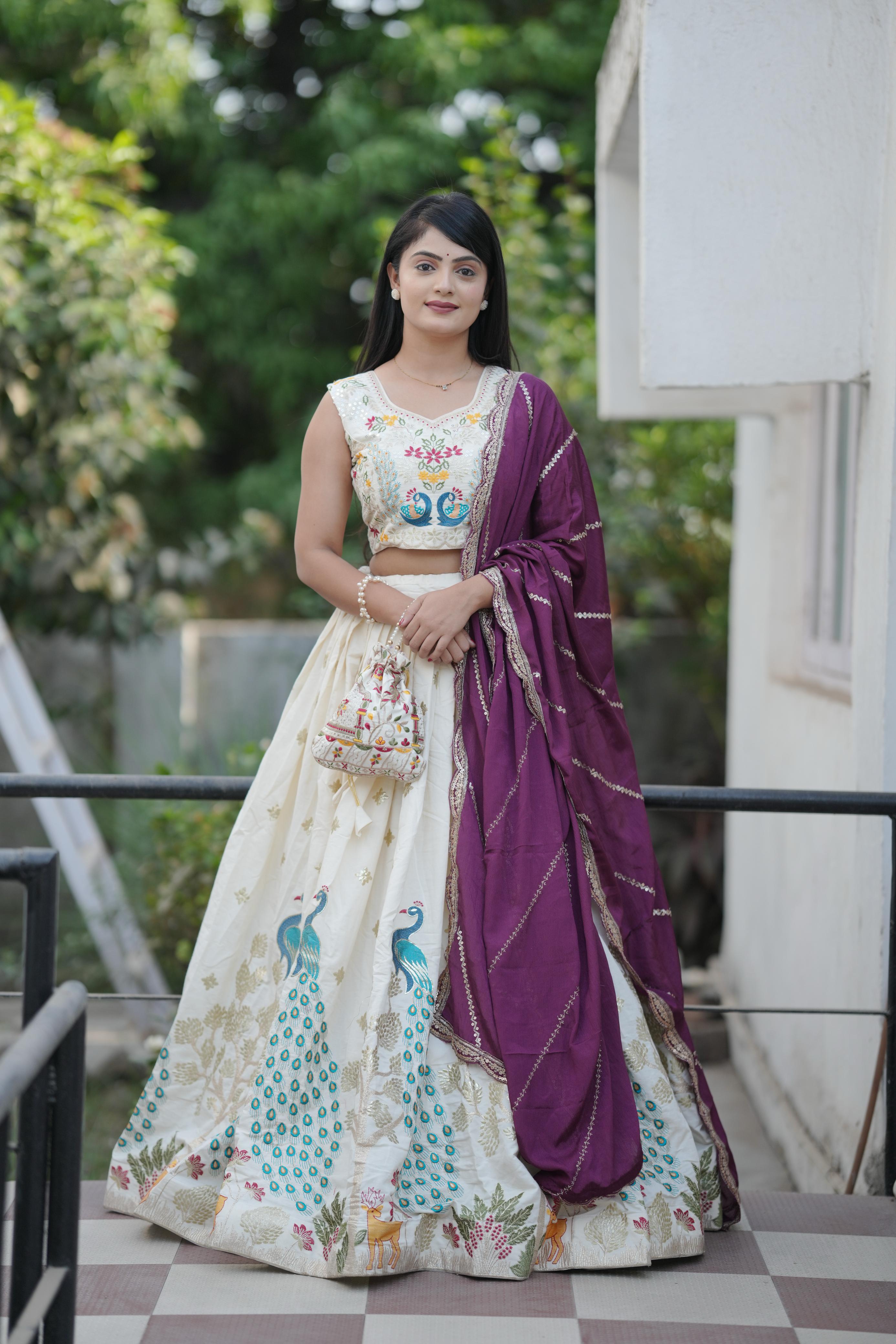 Elegant Cream Embroidered Lehenga Choli with Plum Dupatta – Wedding Wear by Pawan Collections