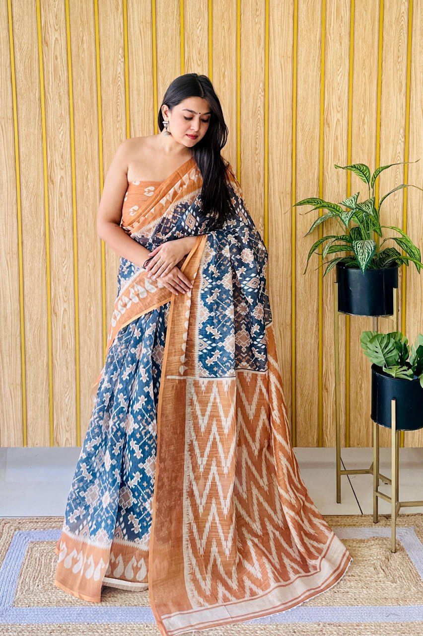 Rust & Blue Ikat Digital Print Linen Saree with Blouse – Contemporary Ethnic Charm