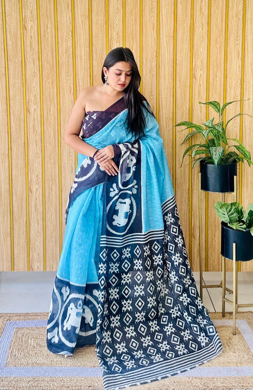Aqua Blue & Black Animal Motif Digital Print Linen Saree with Blouse – Vibrant Artistic Drape