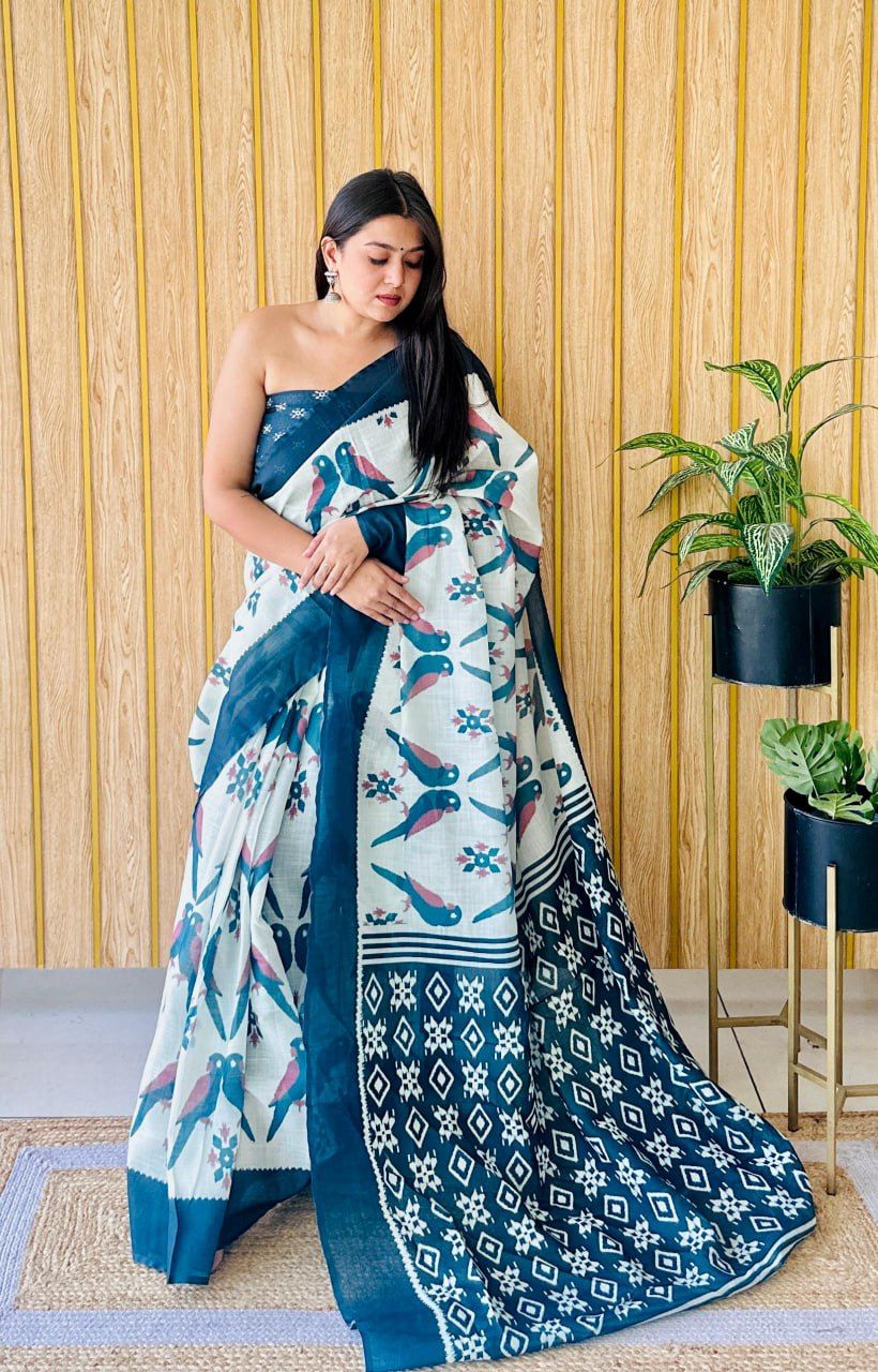 White Heavy Linen Digital Print Saree with Blue Bird Motifs & Contrast Border