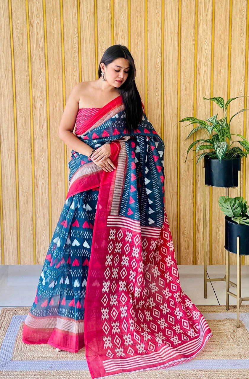 Multicolor Geometric Digital Print Cotton Linen Saree in Blue, Red & White