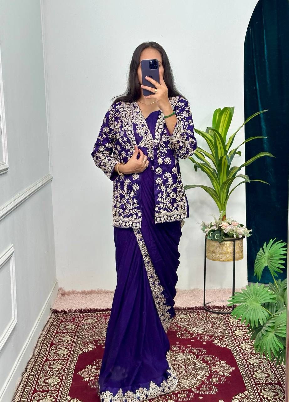 Deep Royal Blue Indo-Western Ready-to-Wear Saree with Embroidered Koti & Blouse