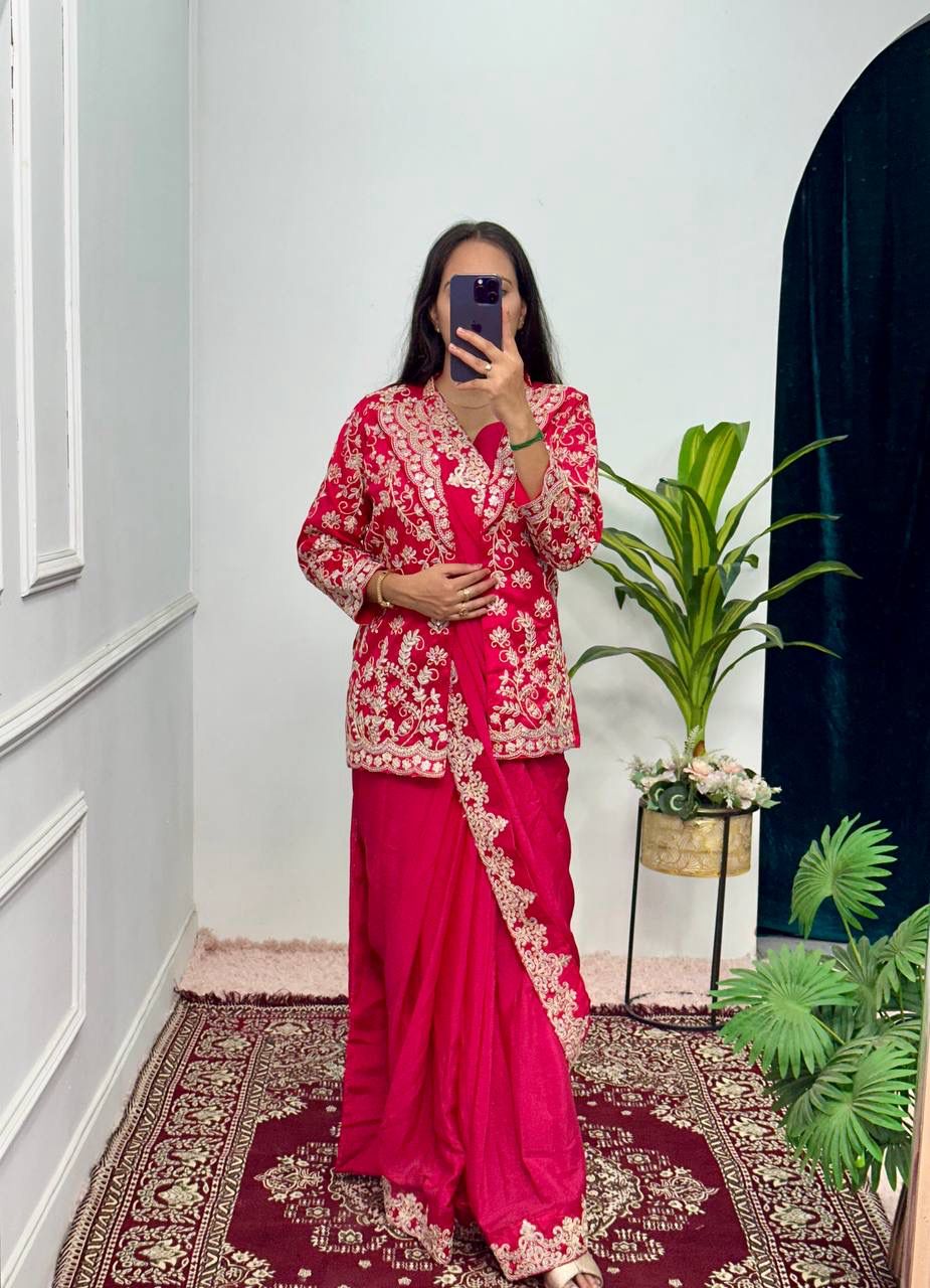 Bold Red Indo-Western Drape Saree with Embroidered Koti & Stitched Blouse – Statement Ethnic Fusion