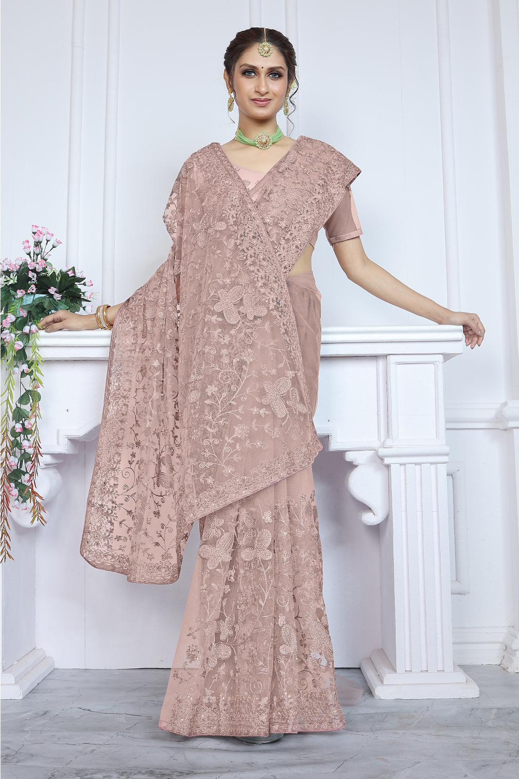Rose Pink Chikankari Butterfly Net Saree with Multicolor Aari & Stone Embroidery Work