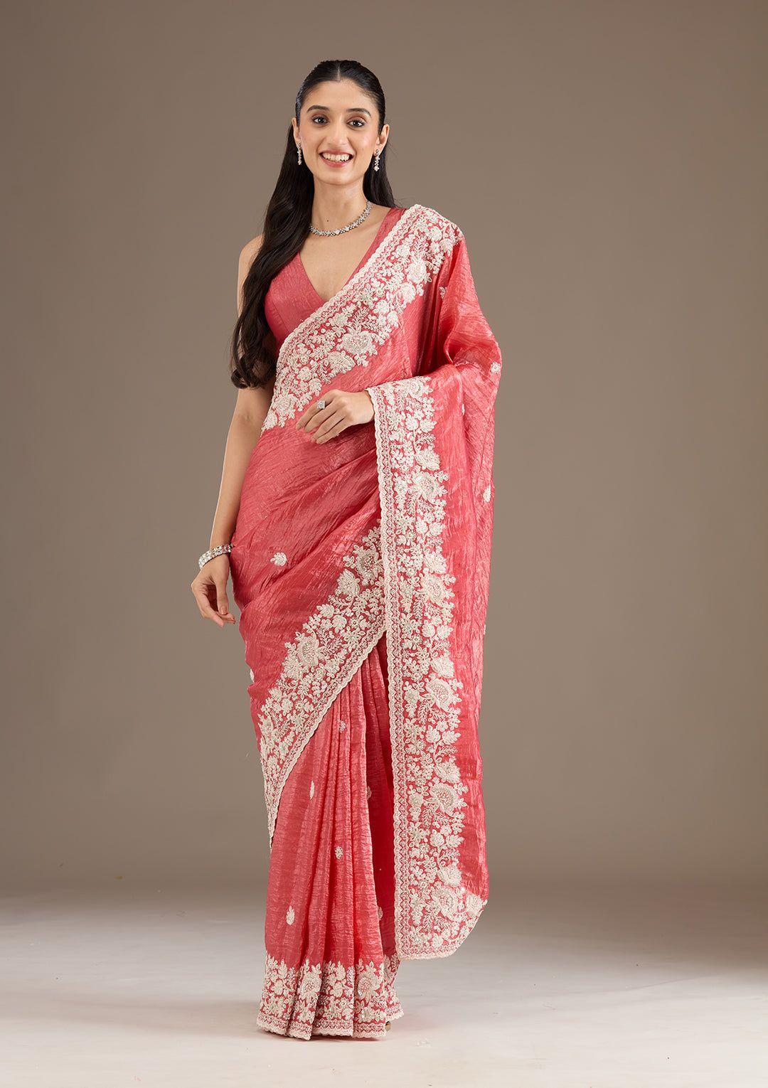 Onion Pink Premium Gold Crush Saree with Heavy Embroidery, Sequins & Cutwork Border